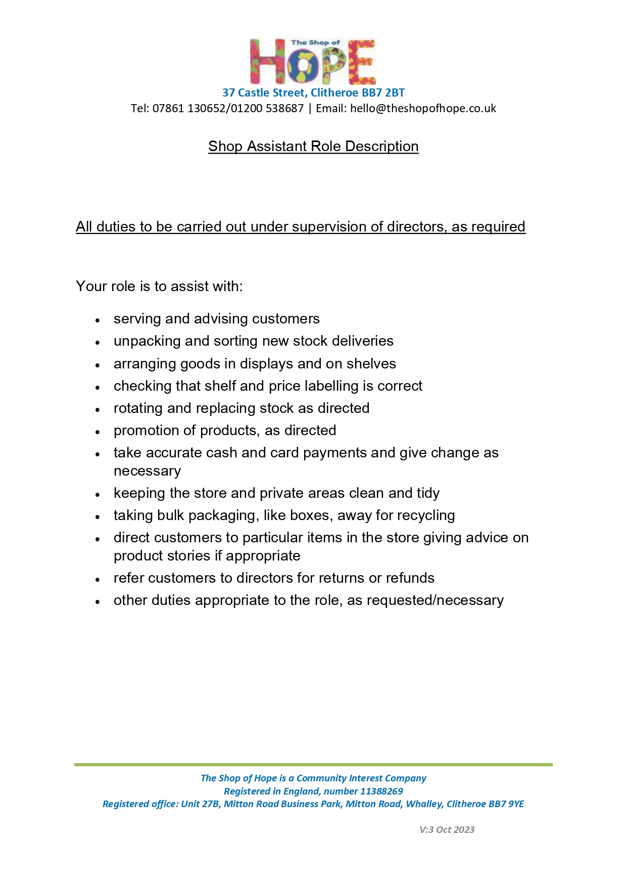 Example Application Form Shop Assistant The Shop of Hope - Shop Assistant - Hyndburn & Ribble Valley CVS